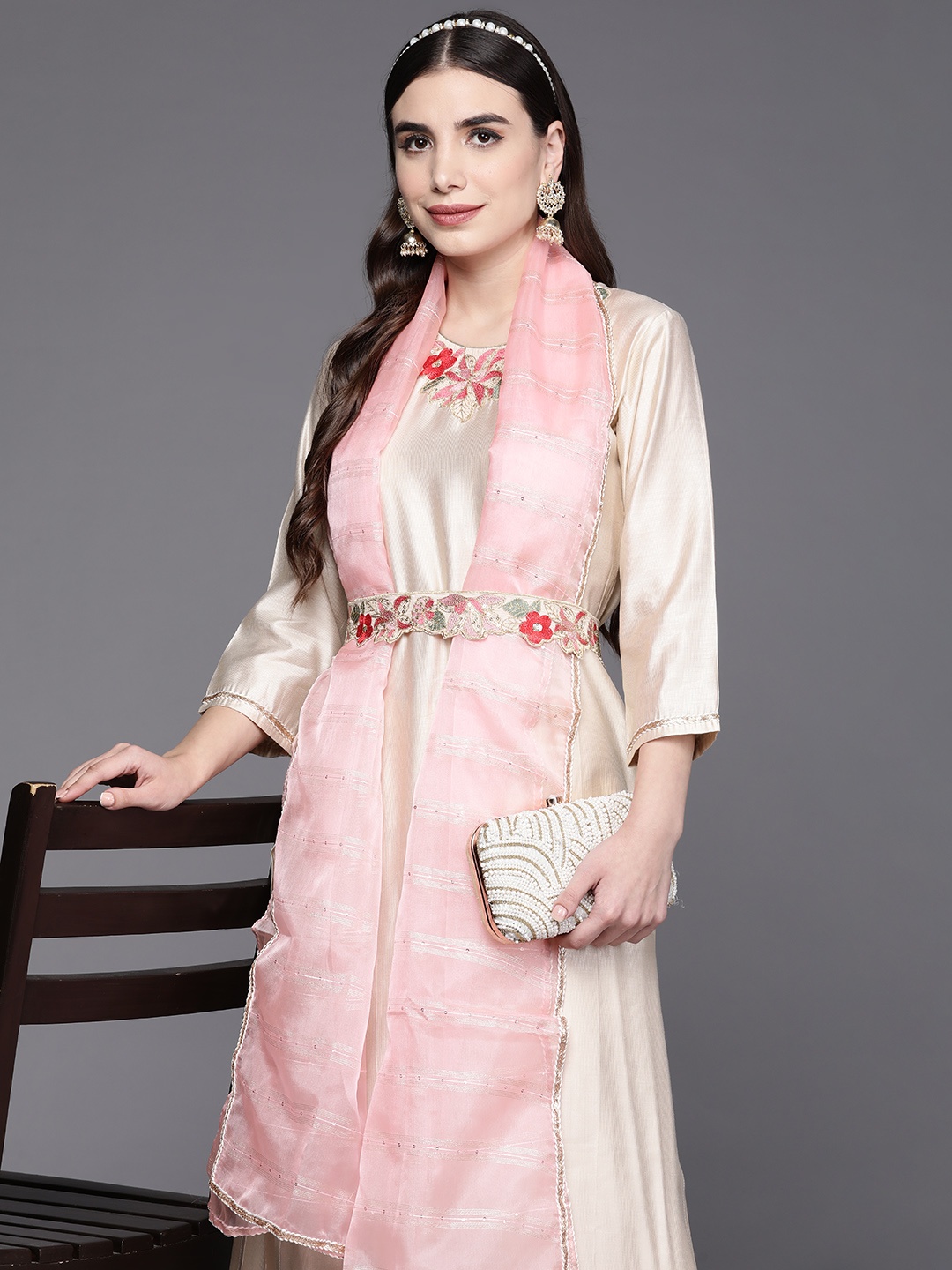 

Indo Era Women Off White Floral Embroidered Sequinned Liva Kurta with Palazzos & With Dupatta