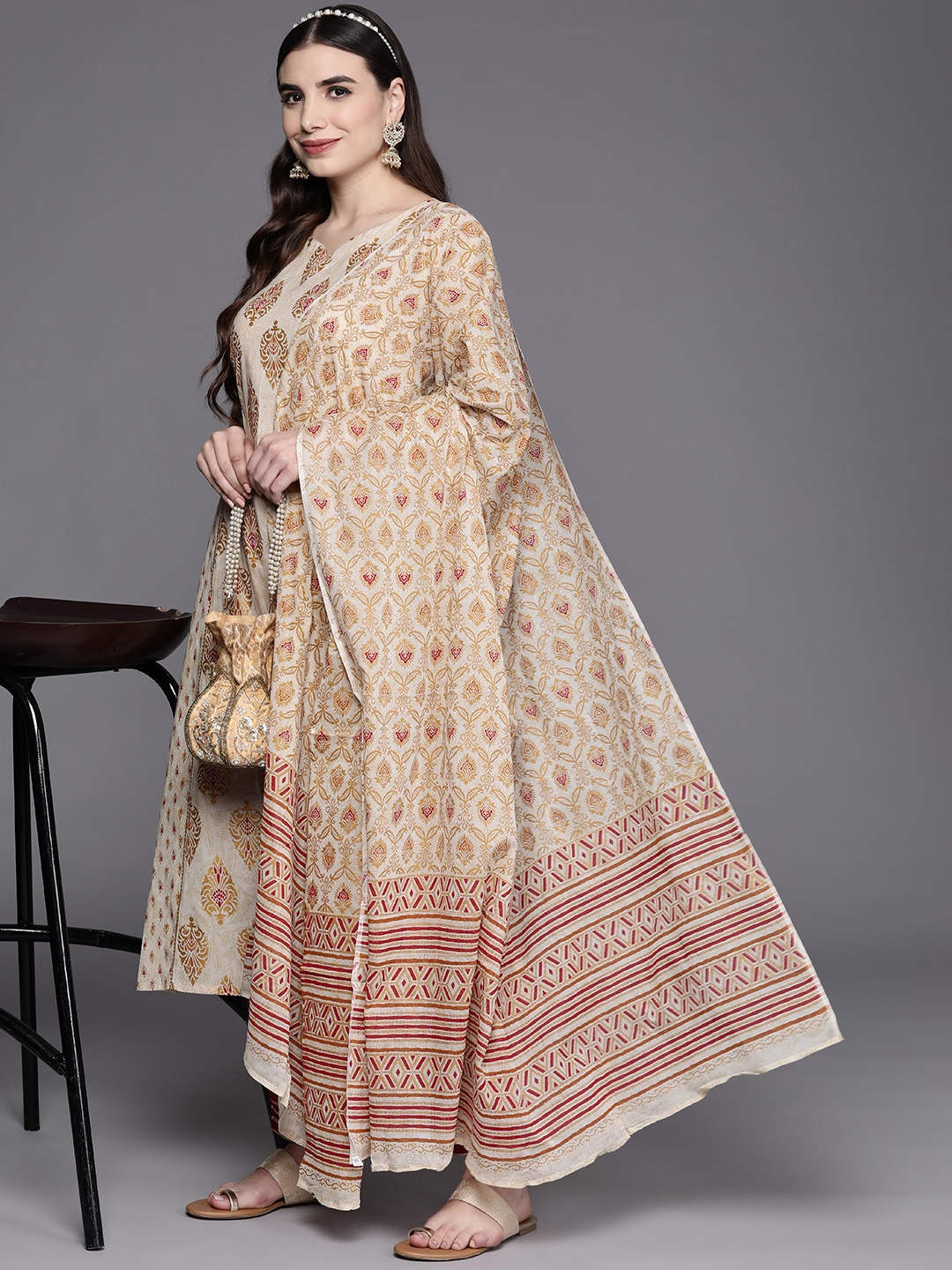 

Indo Era Women Off White Ethnic Motifs Printed Kurta with Trousers & With Dupatta