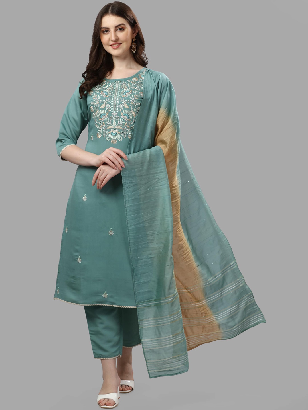 

Berrylicious Women Sea Green Embroidered Chanderi Cotton Kurta with Trousers & Dupatta