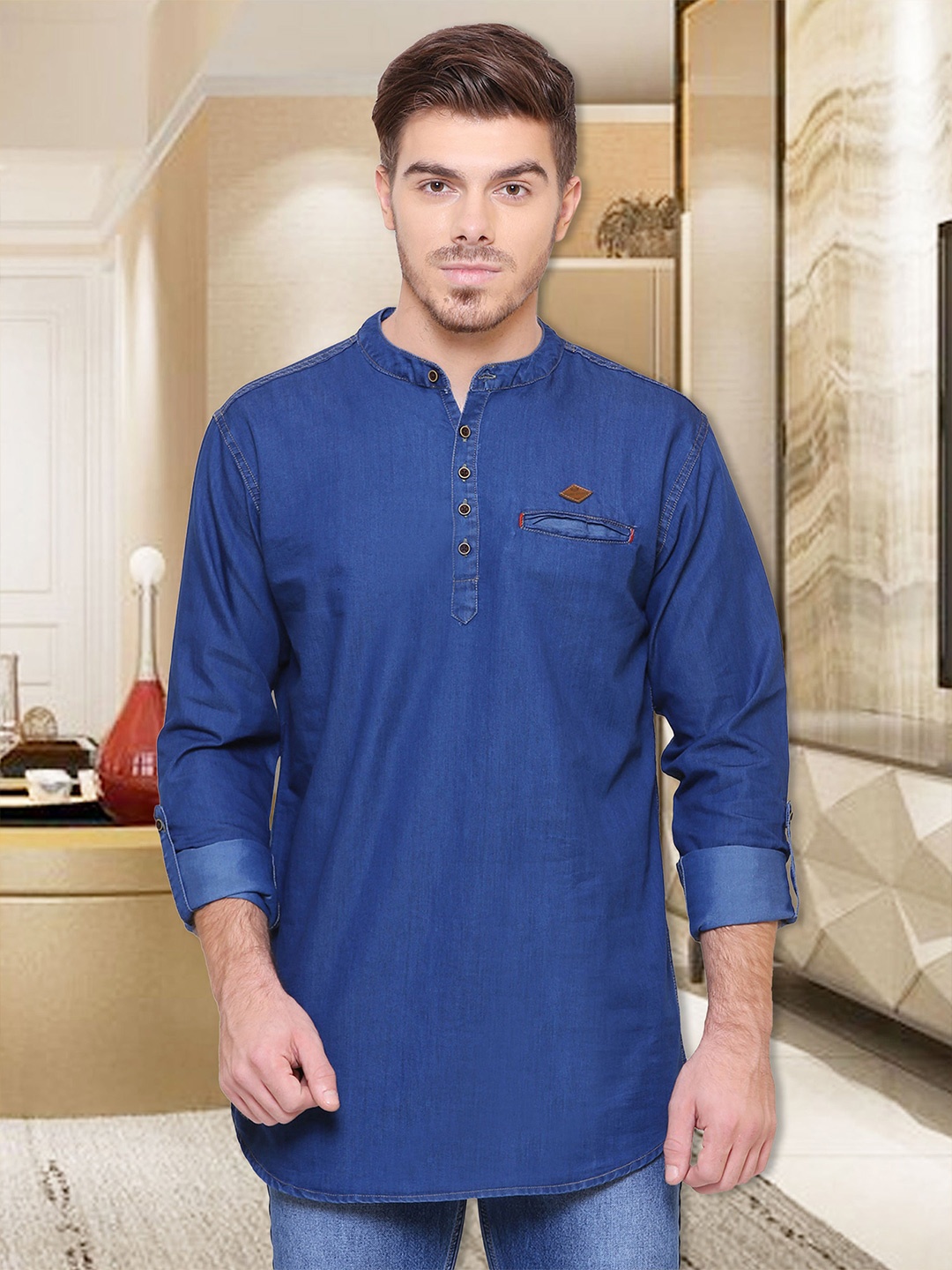 

Kuons Avenue Men Blue Indigo Denim Short Kurta