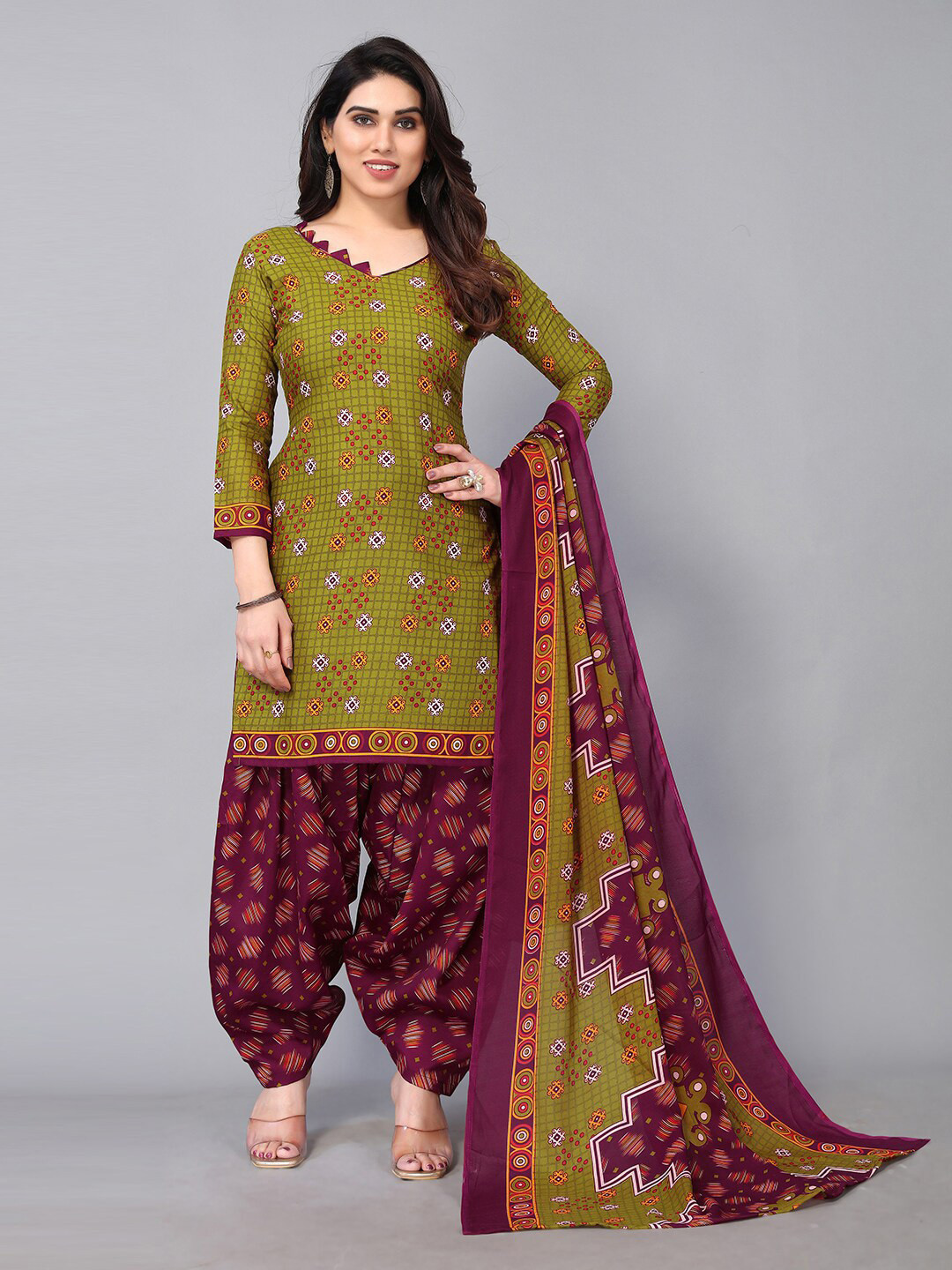

KALINI Olive Green & Purple Printed Unstitched Dress Material