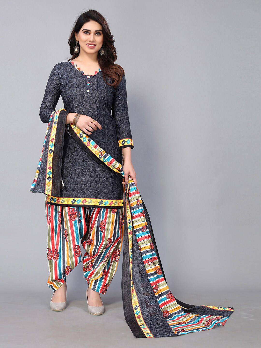 

KALINI Grey & Blue Printed Unstitched Dress Material