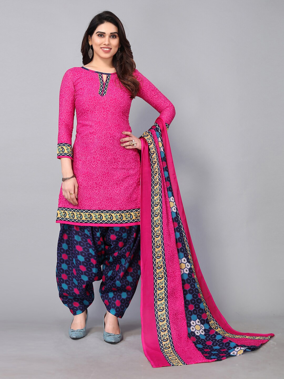 

KALINI Pink & Blue Printed Unstitched Dress Material