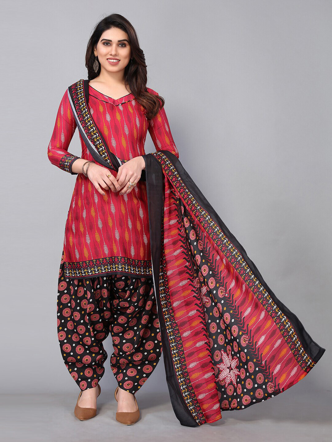 

KALINI Maroon & Black Printed Unstitched Dress Material