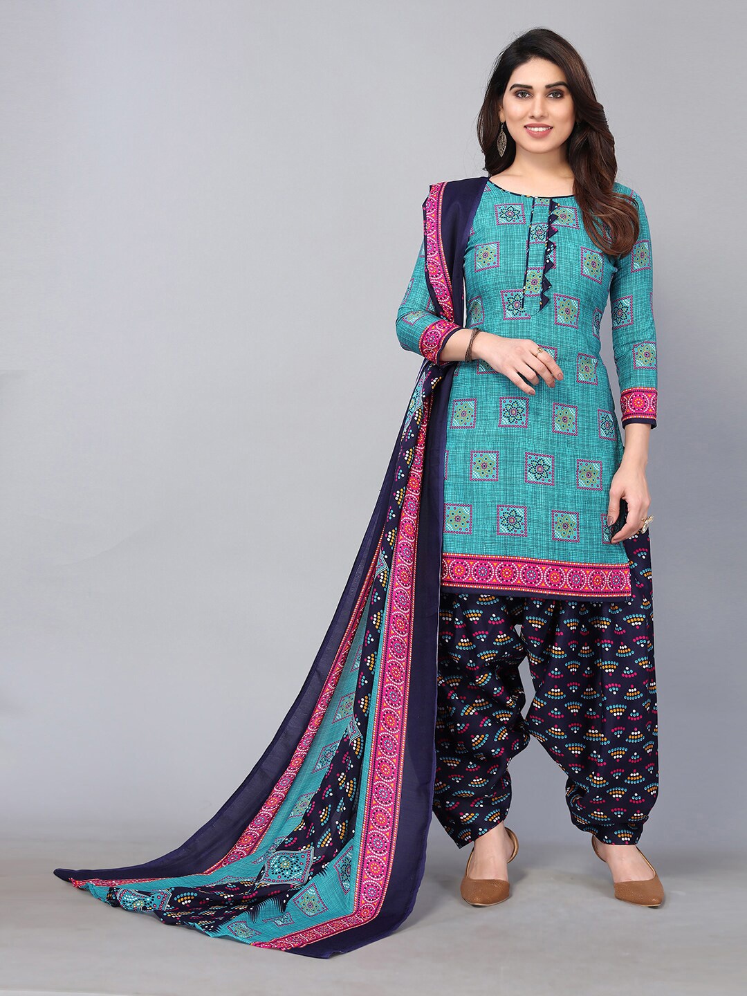 

KALINI Turquoise Blue & Navy Blue Printed Unstitched Dress Material