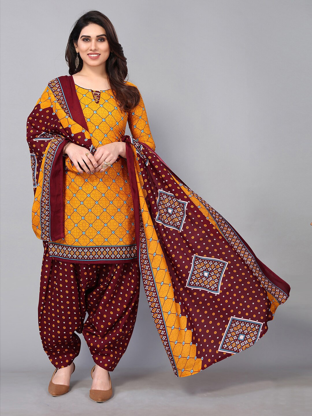 

KALINI Mustard & Maroon Printed Unstitched Dress Material