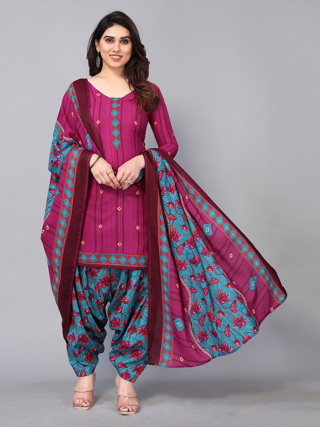 

KALINI Magenta & Blue Printed Unstitched Dress Material