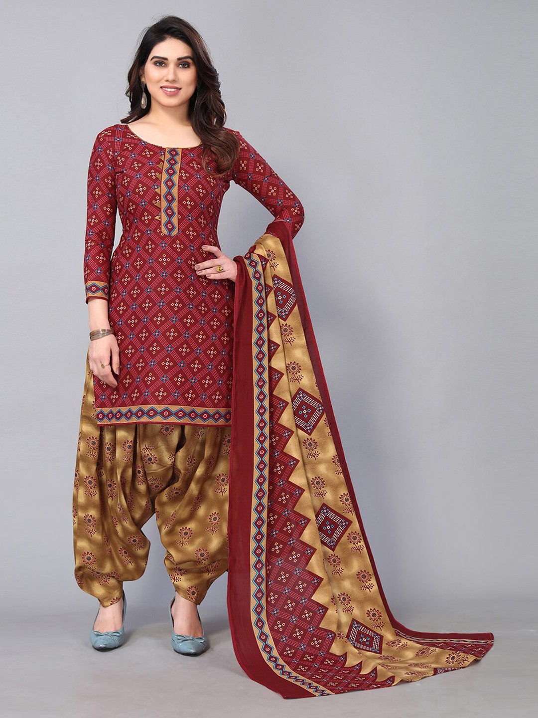 

KALINI Brown & Blue Printed Unstitched Dress Material