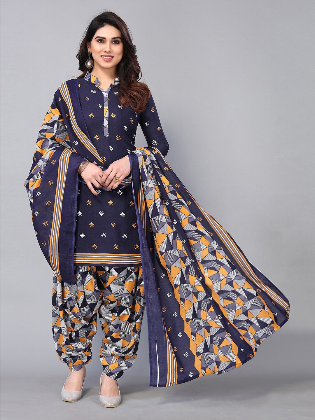 

KALINI Navy Blue & Yellow Printed Unstitched Dress Material