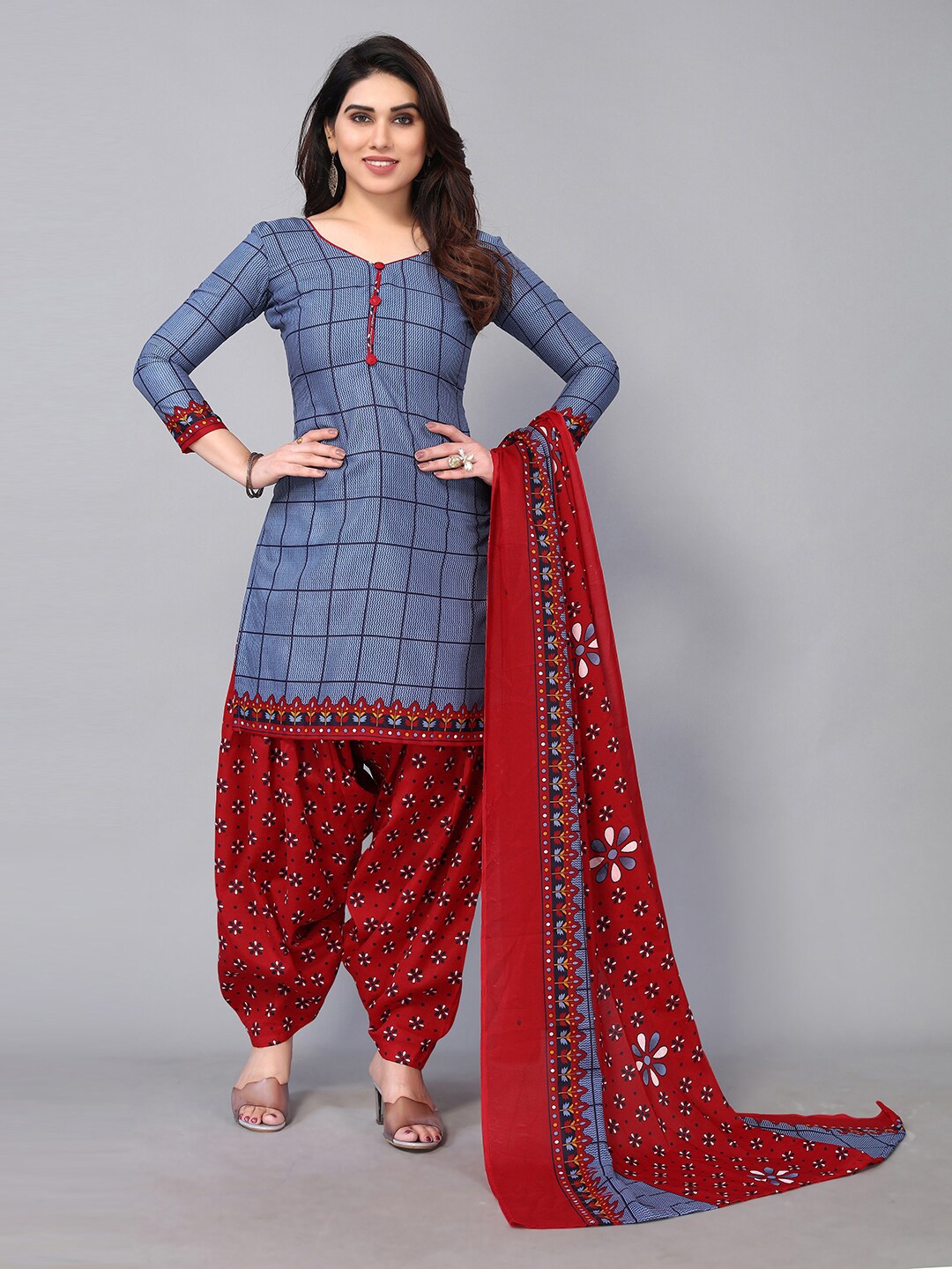 

KALINI Blue & Red Printed Unstitched Dress Material