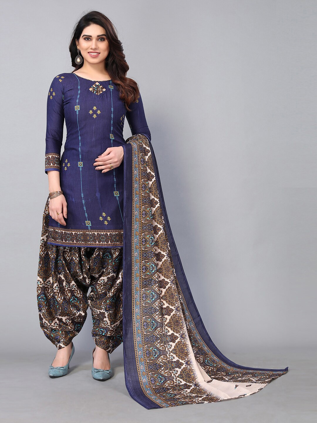 

KALINI Navy Blue & Cream-Coloured Printed Unstitched Dress Material