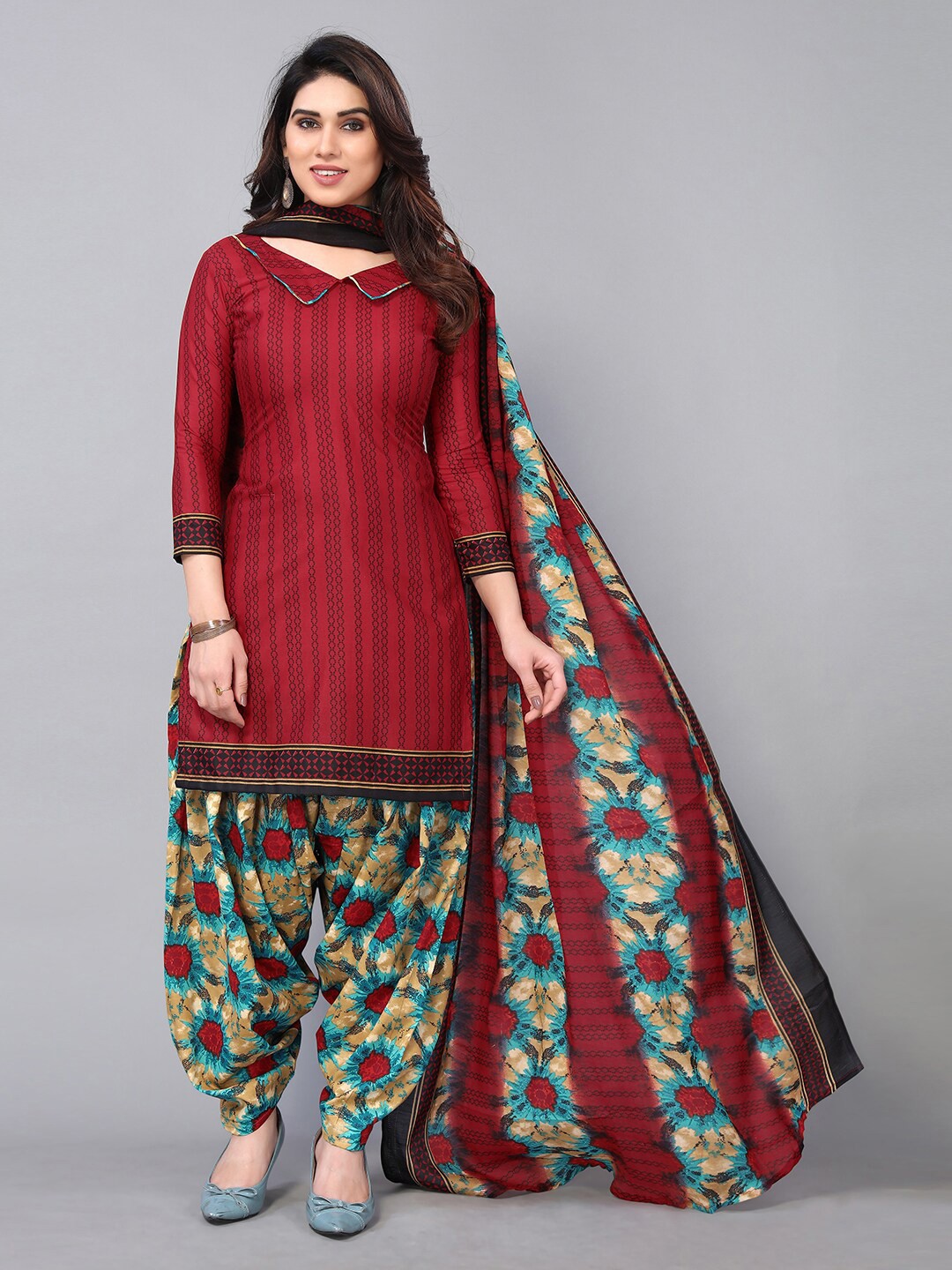 

KALINI Maroon & Blue Printed Unstitched Dress Material