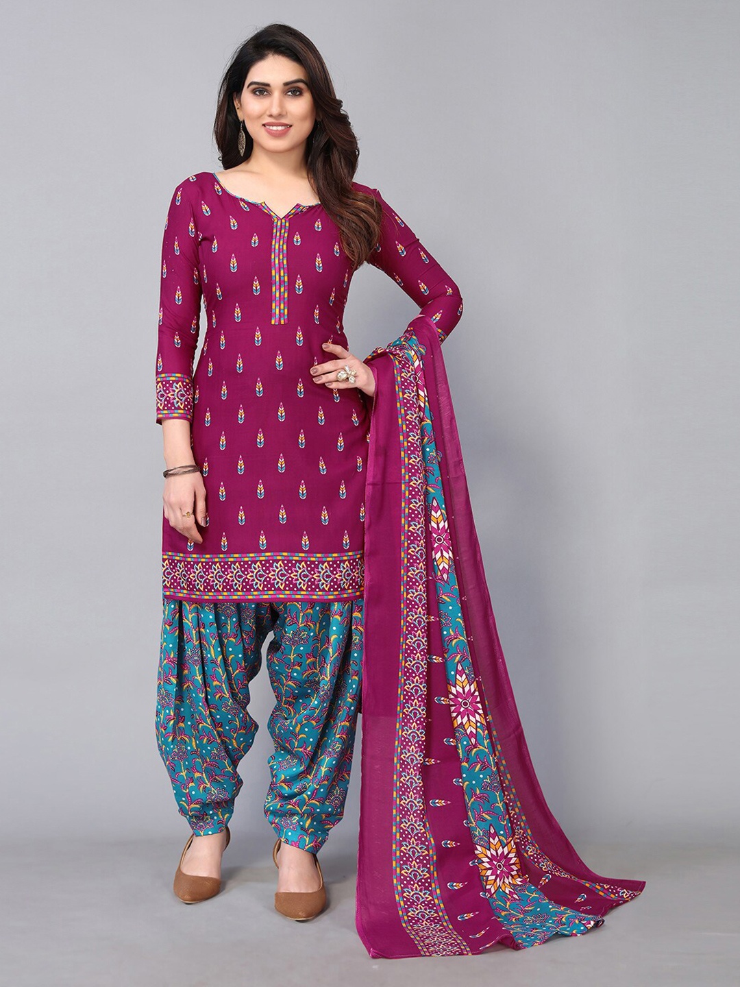 

KALINI Magenta & Blue Printed Unstitched Dress Material