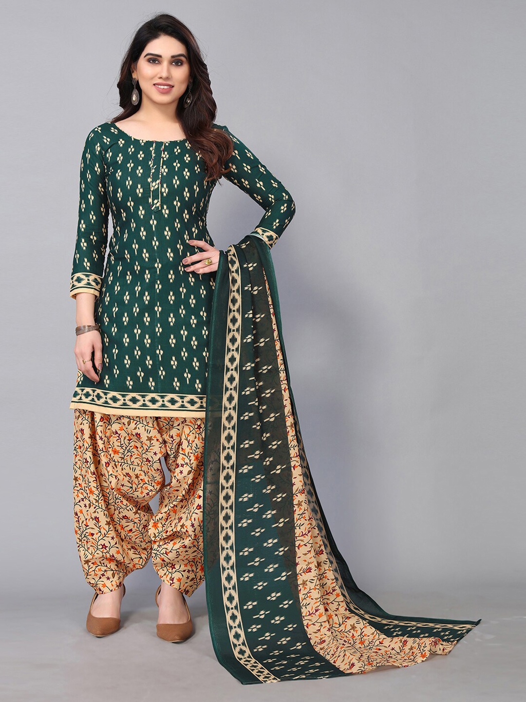 

KALINI Green & Brown Printed Unstitched Dress Material