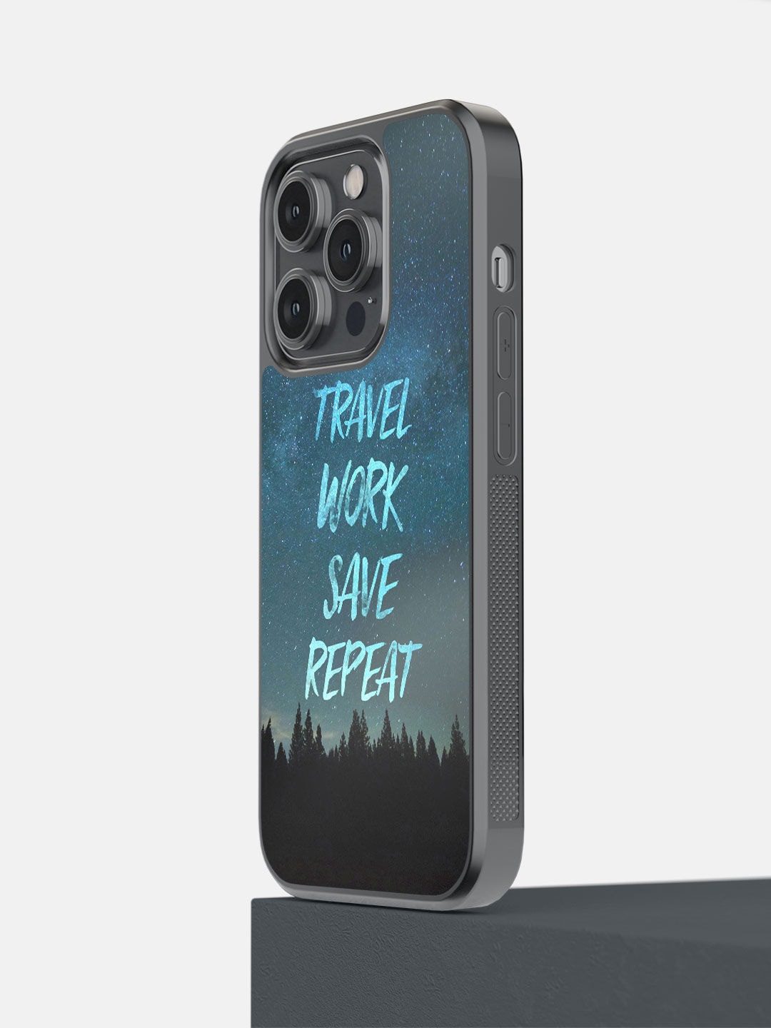 

macmerise Blue Travel Work Save Repeat Design iPhone 14 Pro Bumper Case
