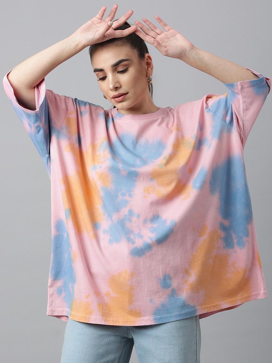 

Pritla Women Peach-Coloured Tie and Dye Drop-Shoulder Sleeves Organic Cotton Loose T-shirt