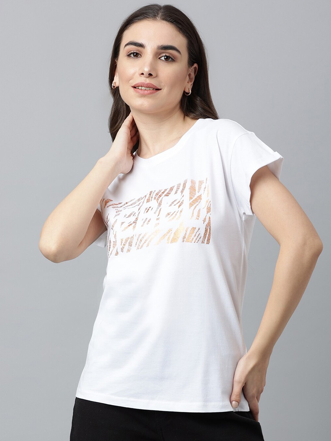 

Pritla Women White & Gold-Toned Typography Printed Organic Cotton T-shirt