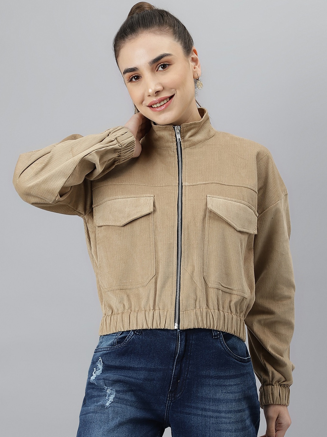 

Pritla Women Tan Cotton Crop Bomber Jacket