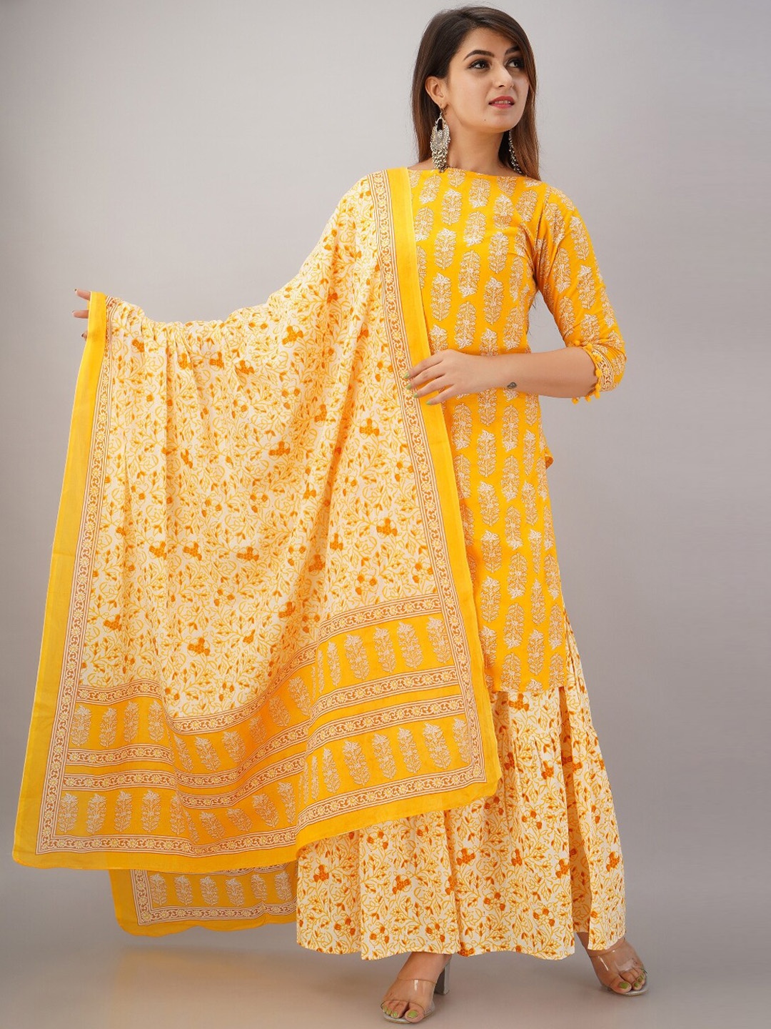 

SVARCHI Yellow Ethnic Motifs Printed Pure Cotton Kurta with Sharara & Dupatta