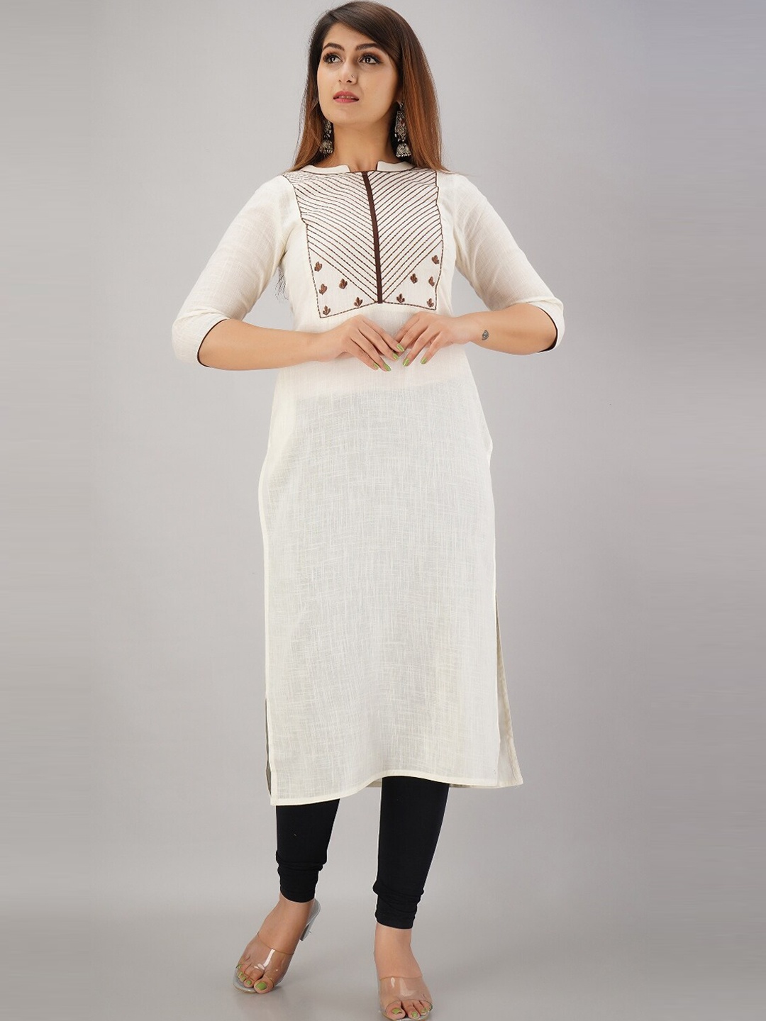 

SVARCHI Round Neck Striped Straight Fit Cotton Kurta, Off white