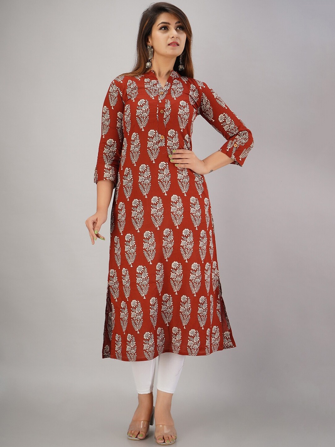 

SVARCHI Floral Printed Mandarin Collar Cotton Kurta, Maroon