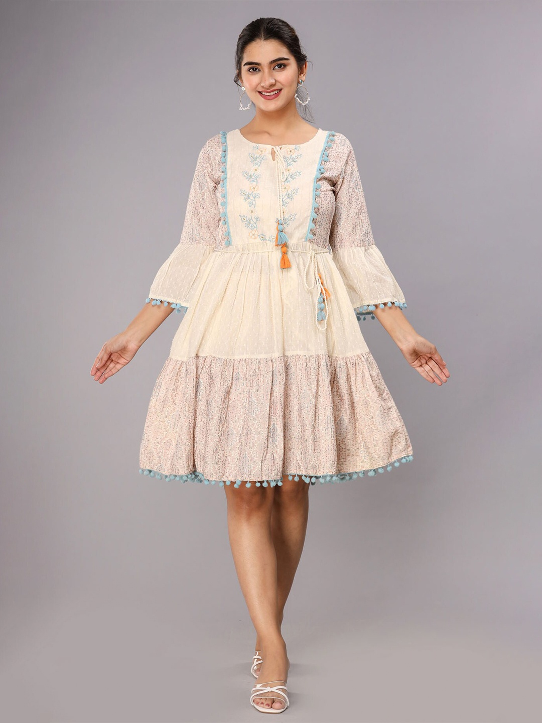 

FASHION DWAR Women Off White Tie-Up Neck Fit And Flare Cotton Dress