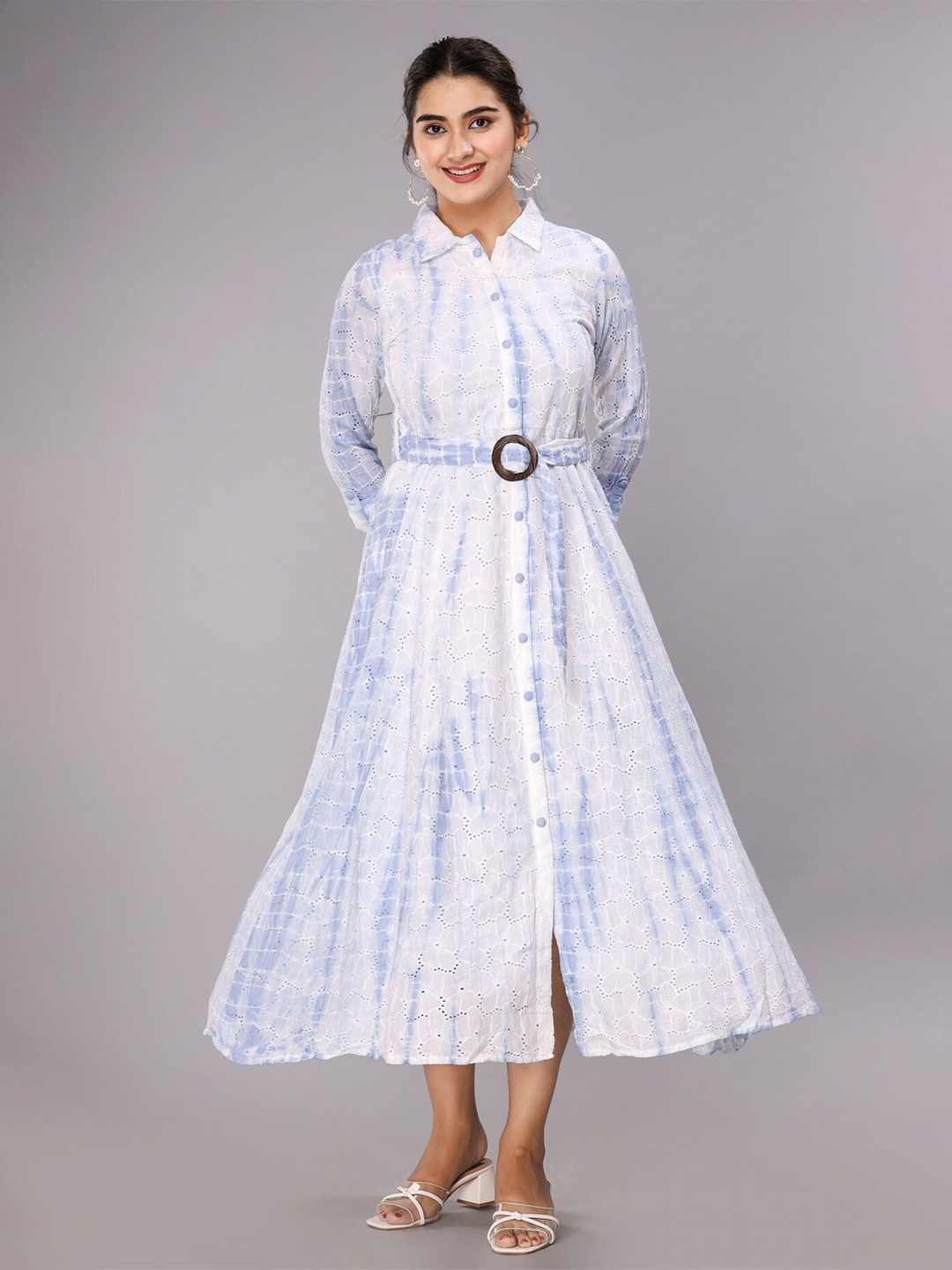 

FASHION DWAR Women Blue & White Tie and Dye Fit And Flare Cotton Dress