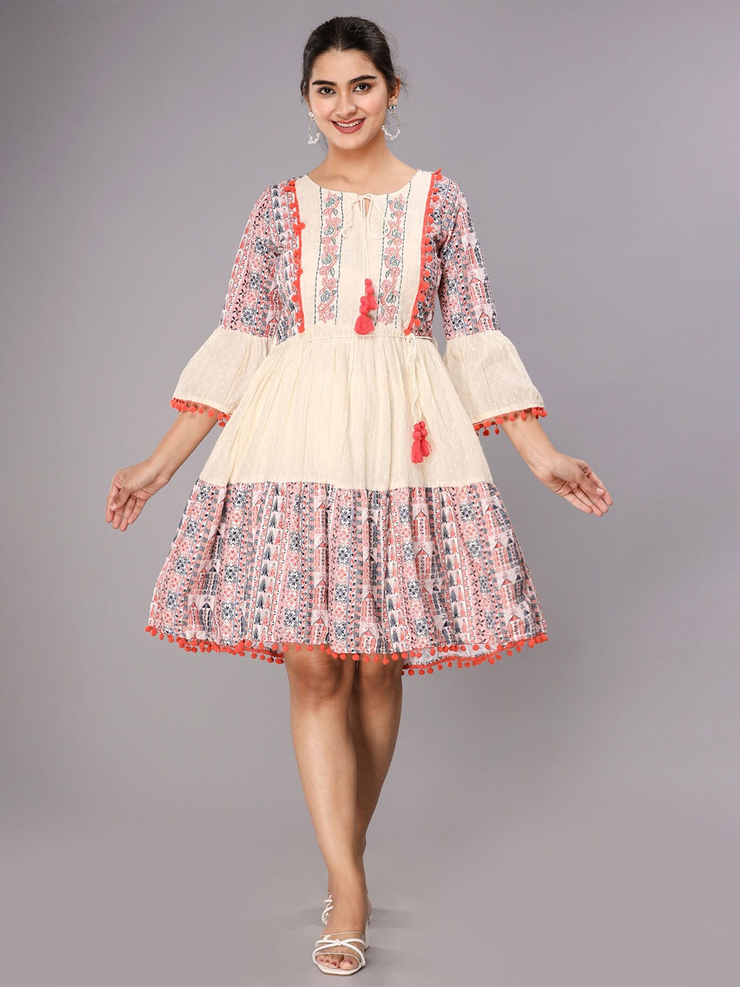 

FASHION DWAR Women Off White Tie-Up Neck Fit And Flare Cotton Dress