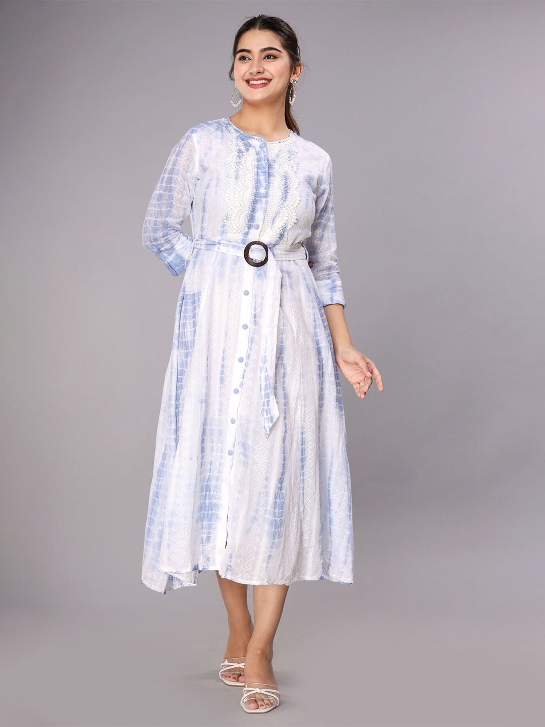 

FASHION DWAR Women Blue & White Tie and Dye Fit And Flare Cotton Dress