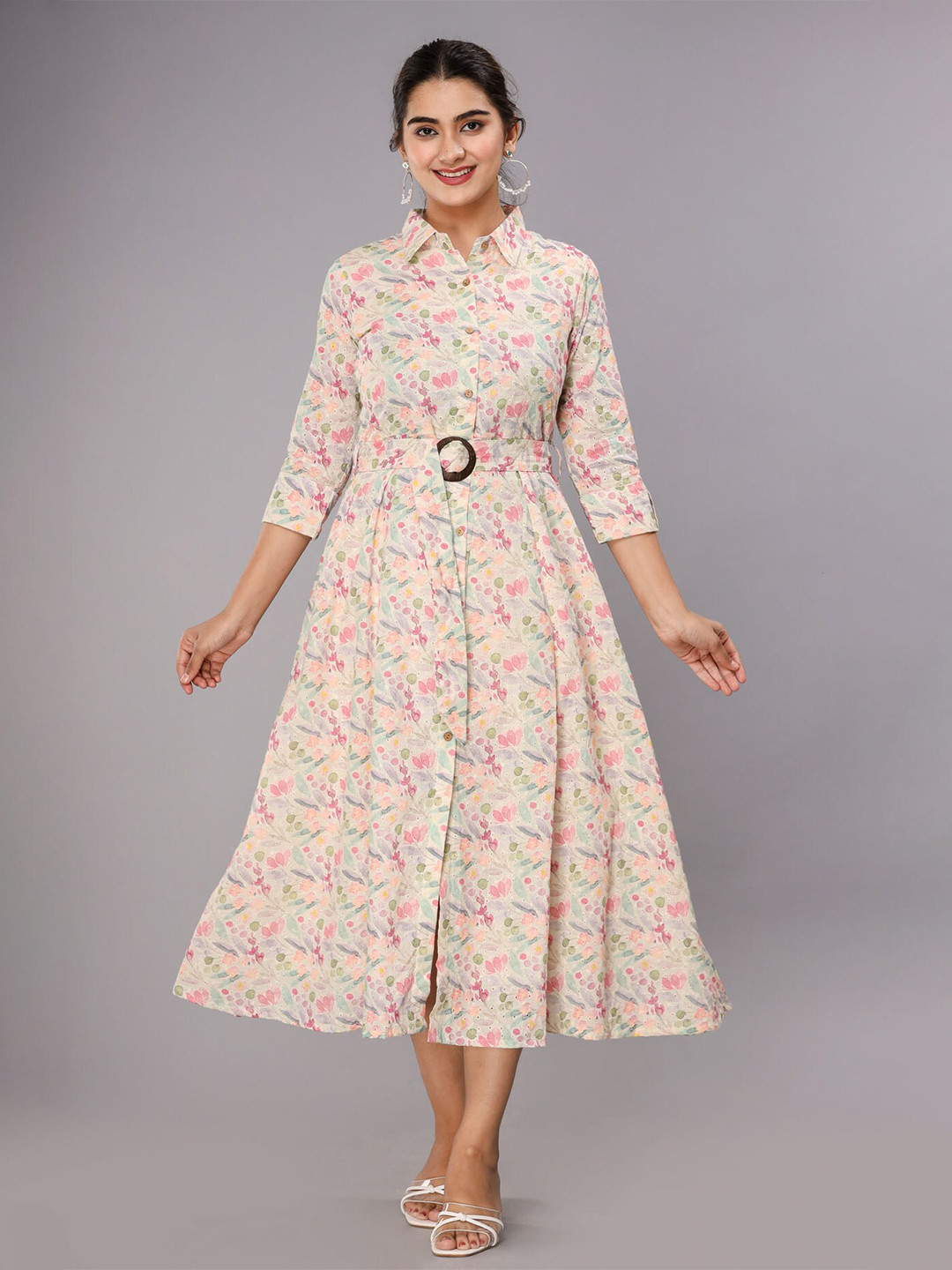 

FASHION DWAR Women Beige Floral Midi Cotton Dress