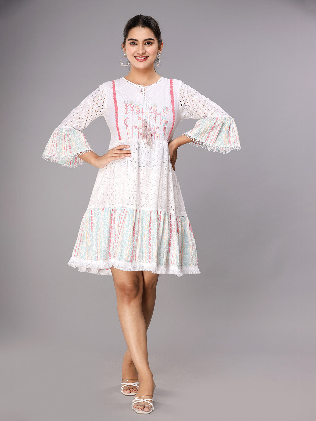 

FASHION DWAR Women White Tie-Up Neck Fringed Cotton Dress