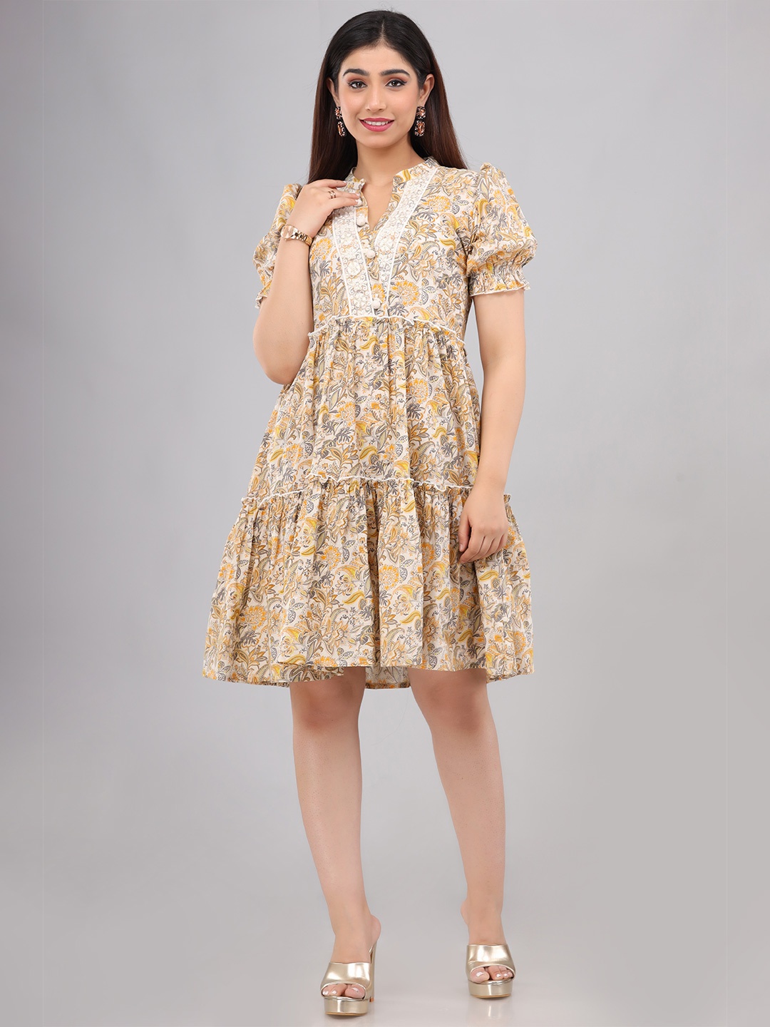 

FASHION DWAR Women Beige Floral Fit And Flare Cotton Dress