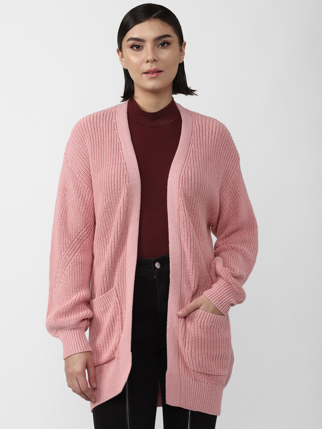 

FOREVER 21 Women Pink Longline Front Open Pure Cotton Sweater