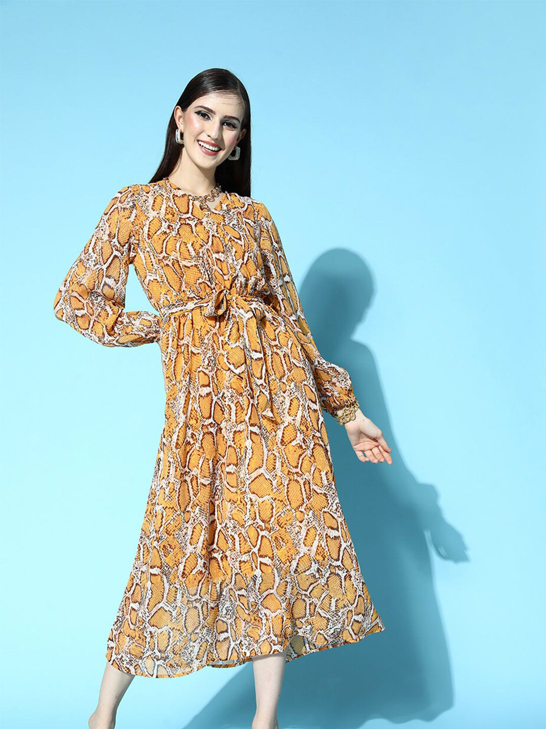 

plusS Mustard Yellow & White Animal Print V-Neck Long Sleeve Maxi Dress