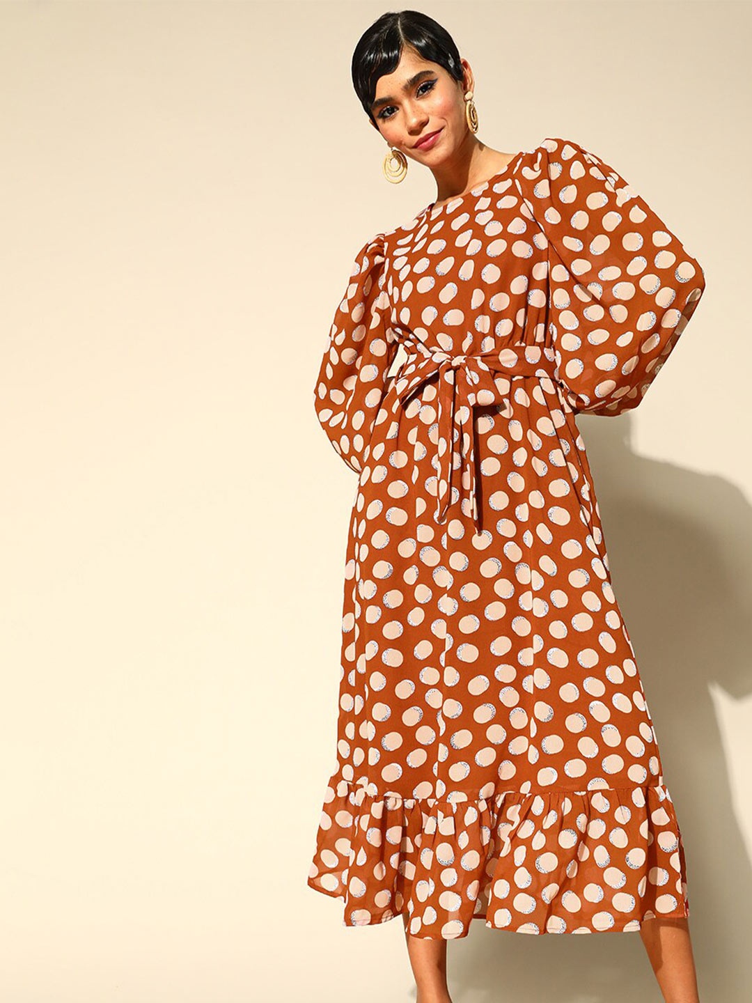 

plusS Rust & Cream Round Neck Fit & Flare Midi Dress