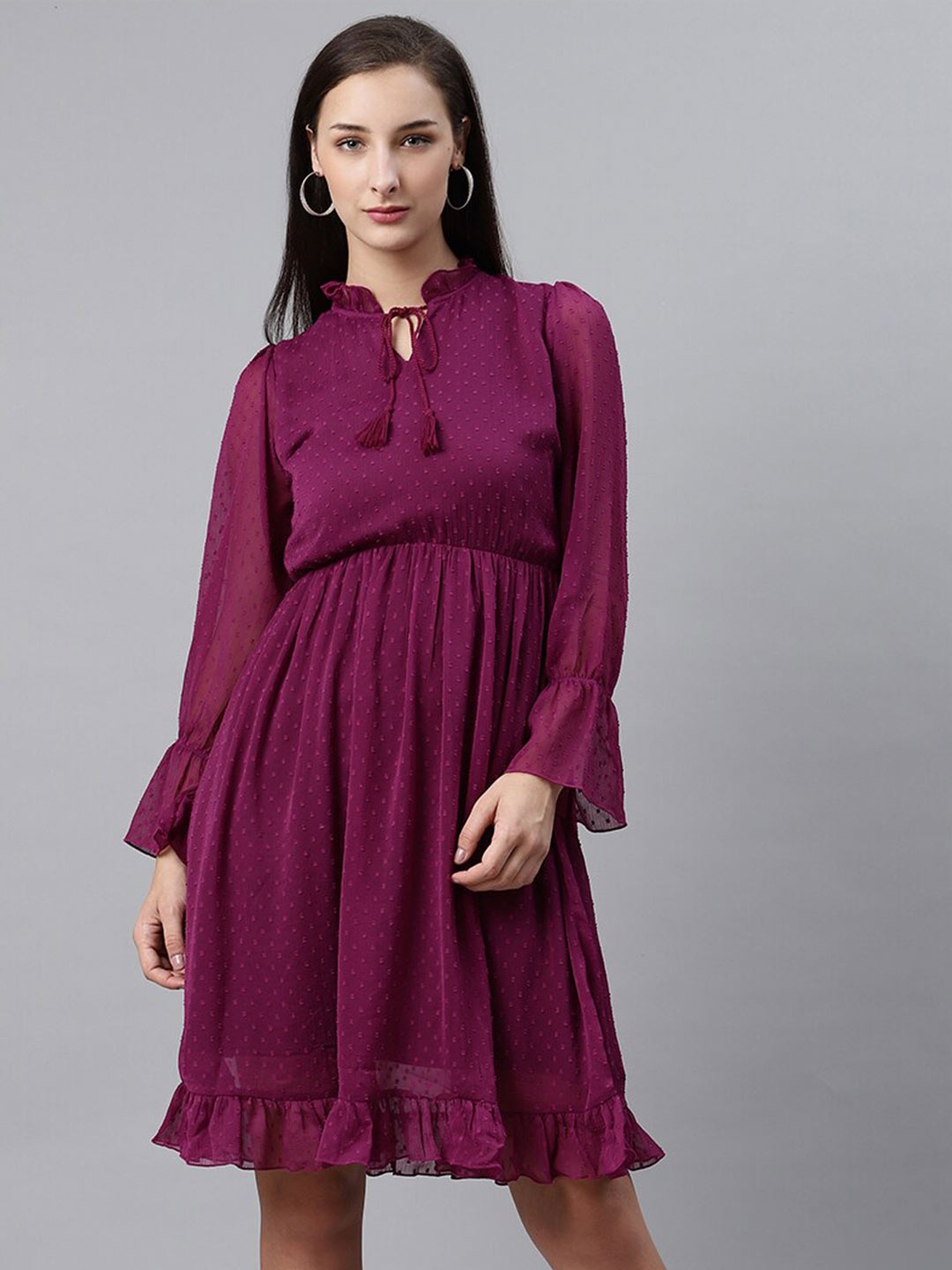 

plusS Purple Tie-Up Neck Fit & Flare Knee Length Dress