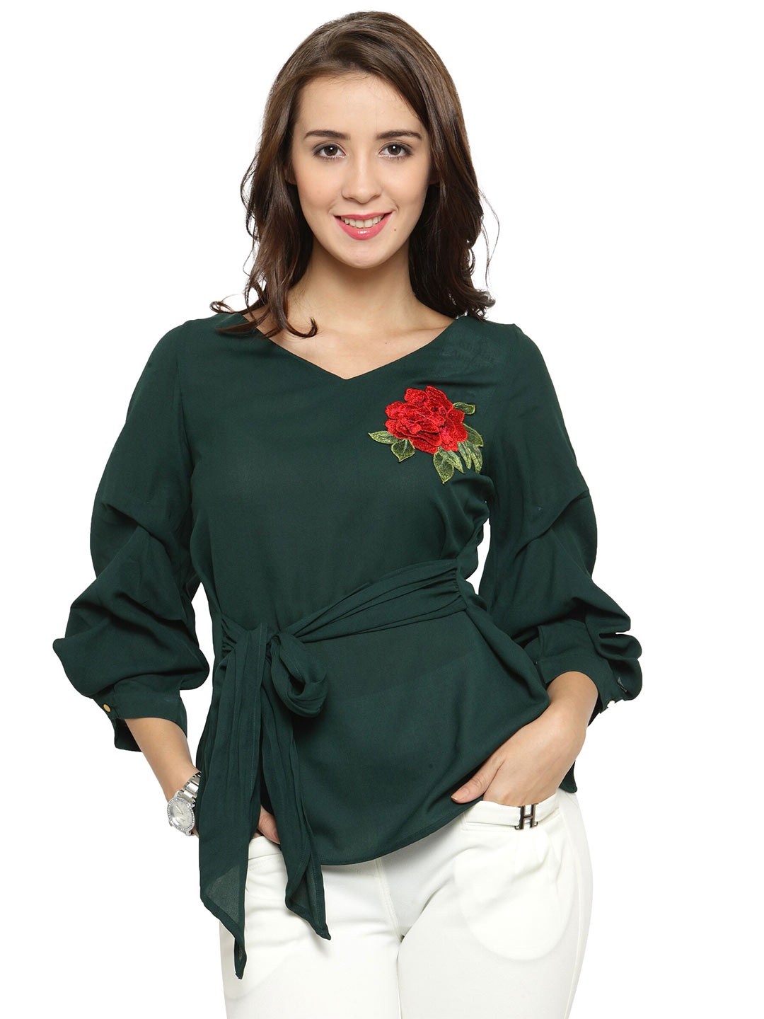 

plusS Green Roll-Up Sleeves Applique Cinched Waist Top