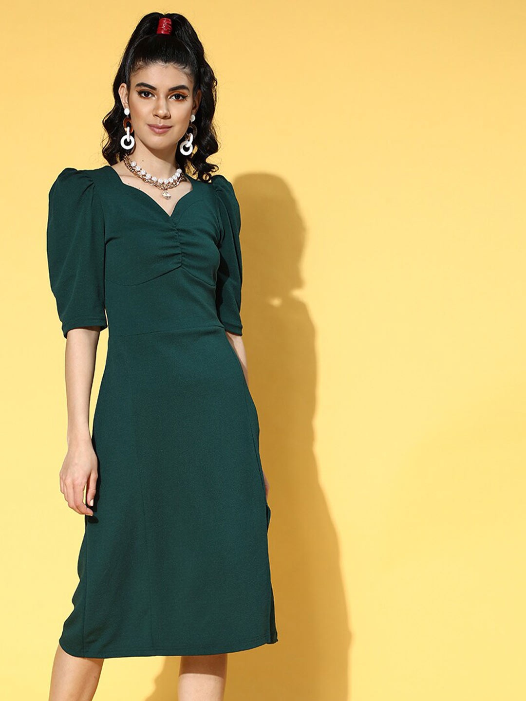 

plusS Green Puff Sleeve A-Line Midi Dress