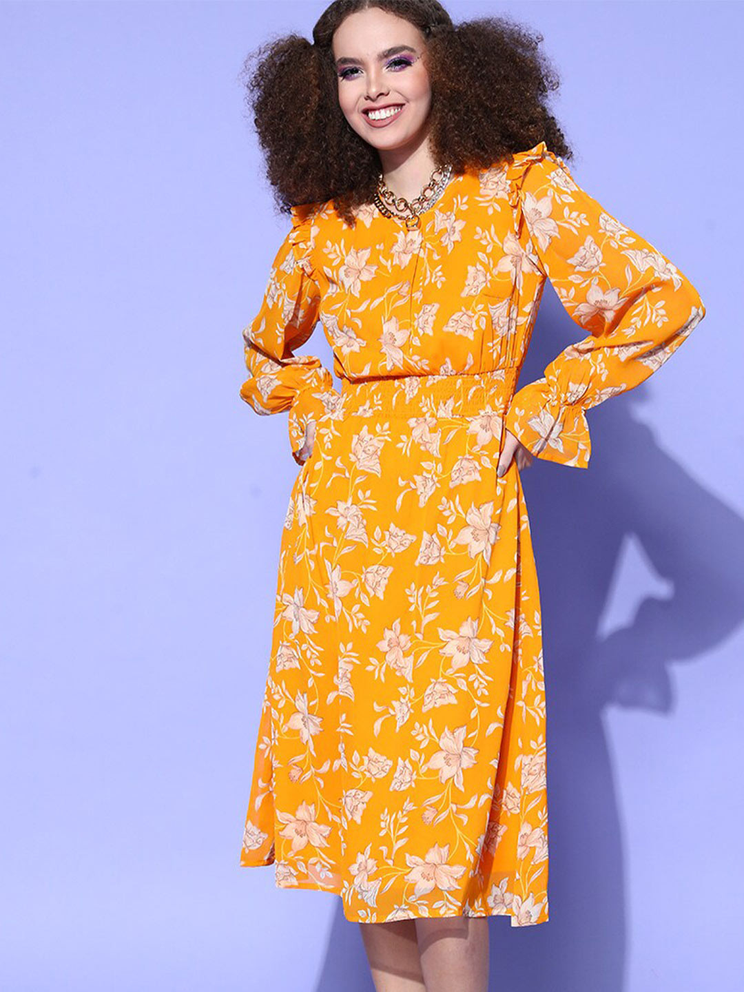 

plusS Mustard Yellow & Cream Floral Print Round Neck Midi Dress