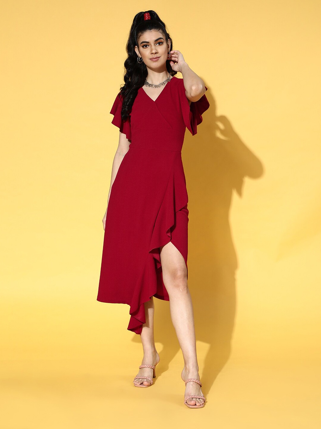 

plusS Maroon V-Neck Ruffles Wrap Dress