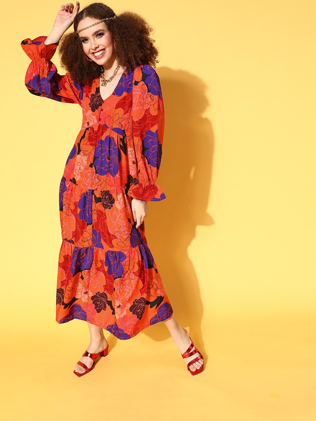 

plusS Orange & Blue Floral Fit & Flare Round Neck Midi Dress