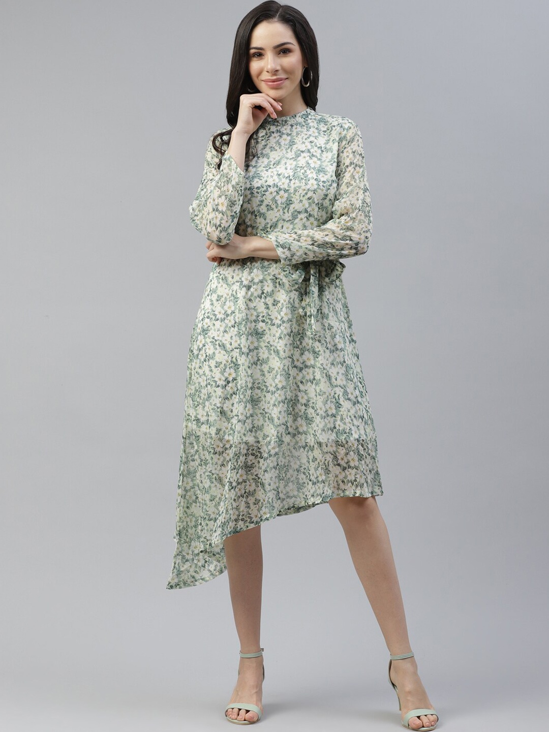 

plusS Off White & Green Floral Print Asymmetric Fit & Flare Midi Dress