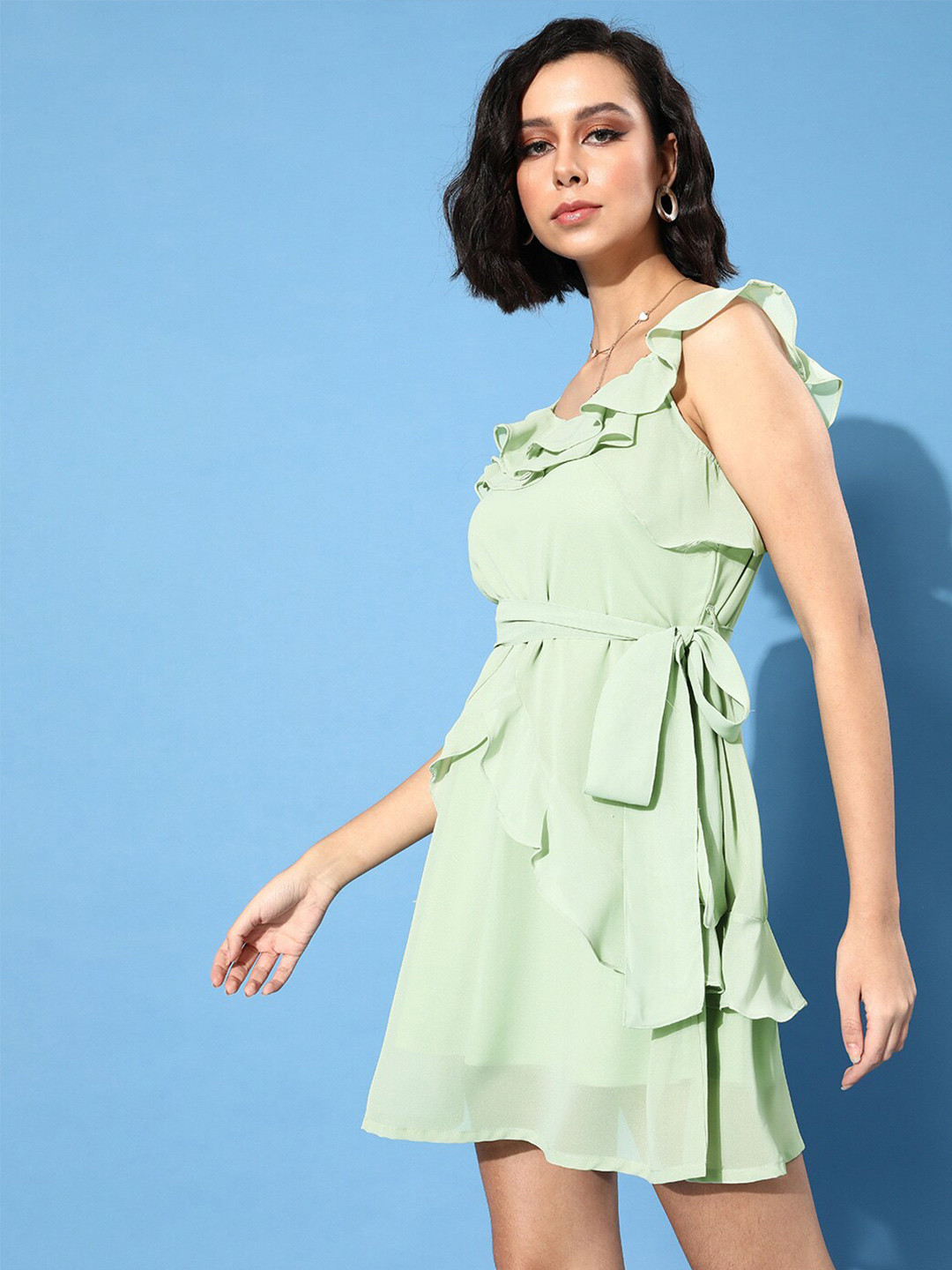 

plusS Green Round Neck Ruffle Fit & Flare Dress