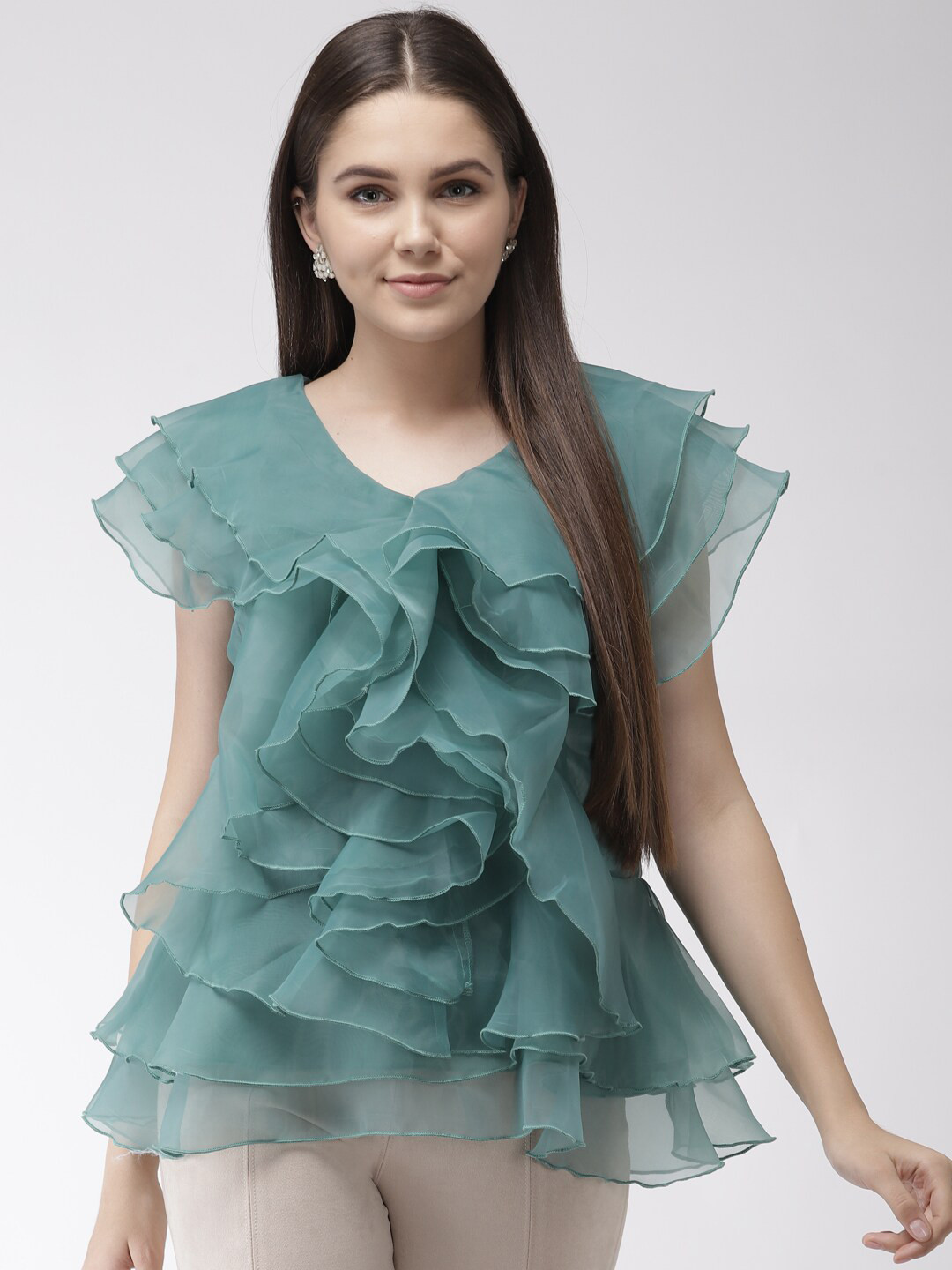 

plusS Sea Green V-Neck Ruffles Top