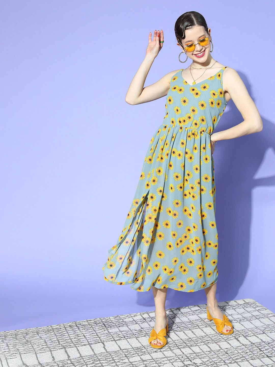 

plusS Turquoise Blue & Yellow Floral Print Shoulder Strap Fit & Flare Midi Dress