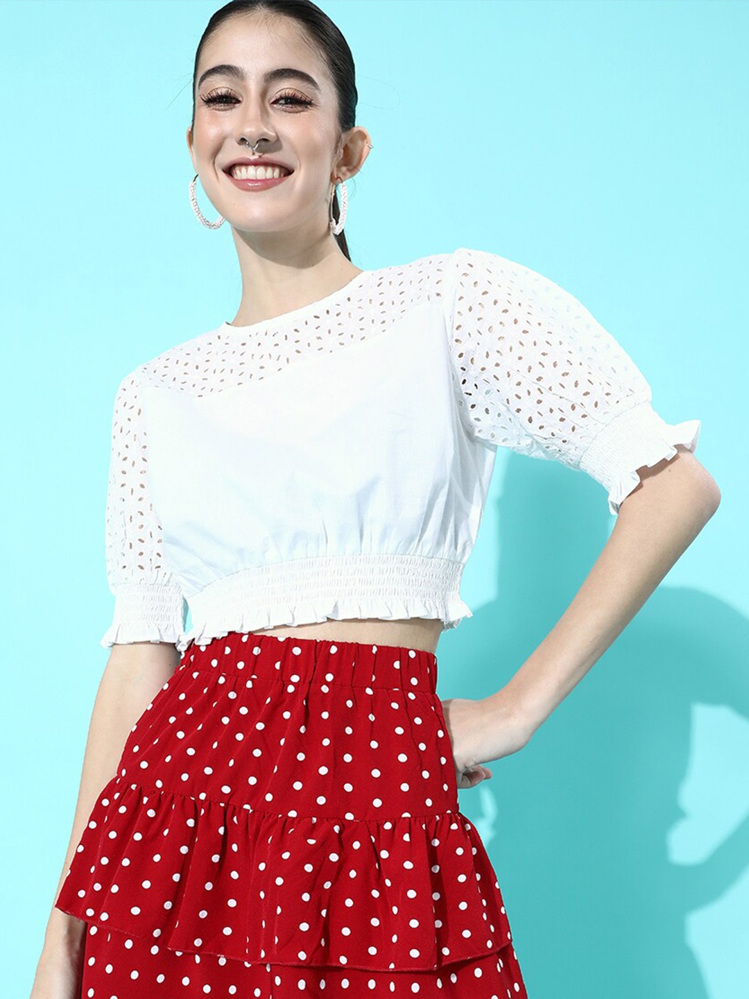 

plusS White Blouson Schiffli Crop Top