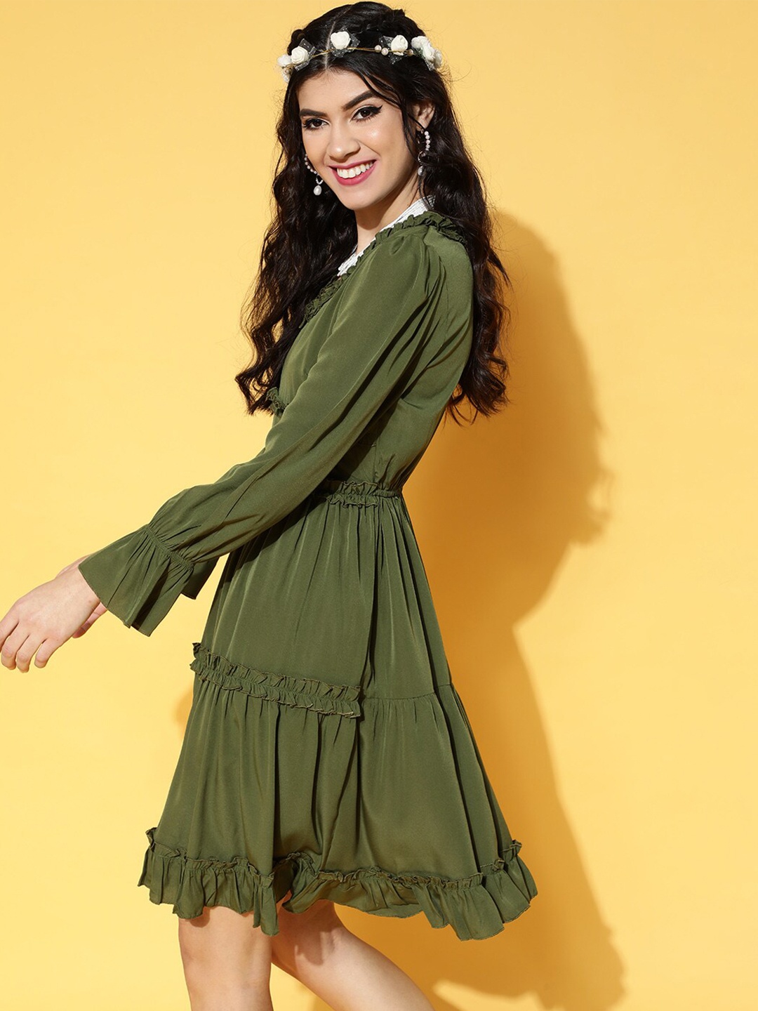 

plusS Green Fit & Flare V-Neck Tiered Dress