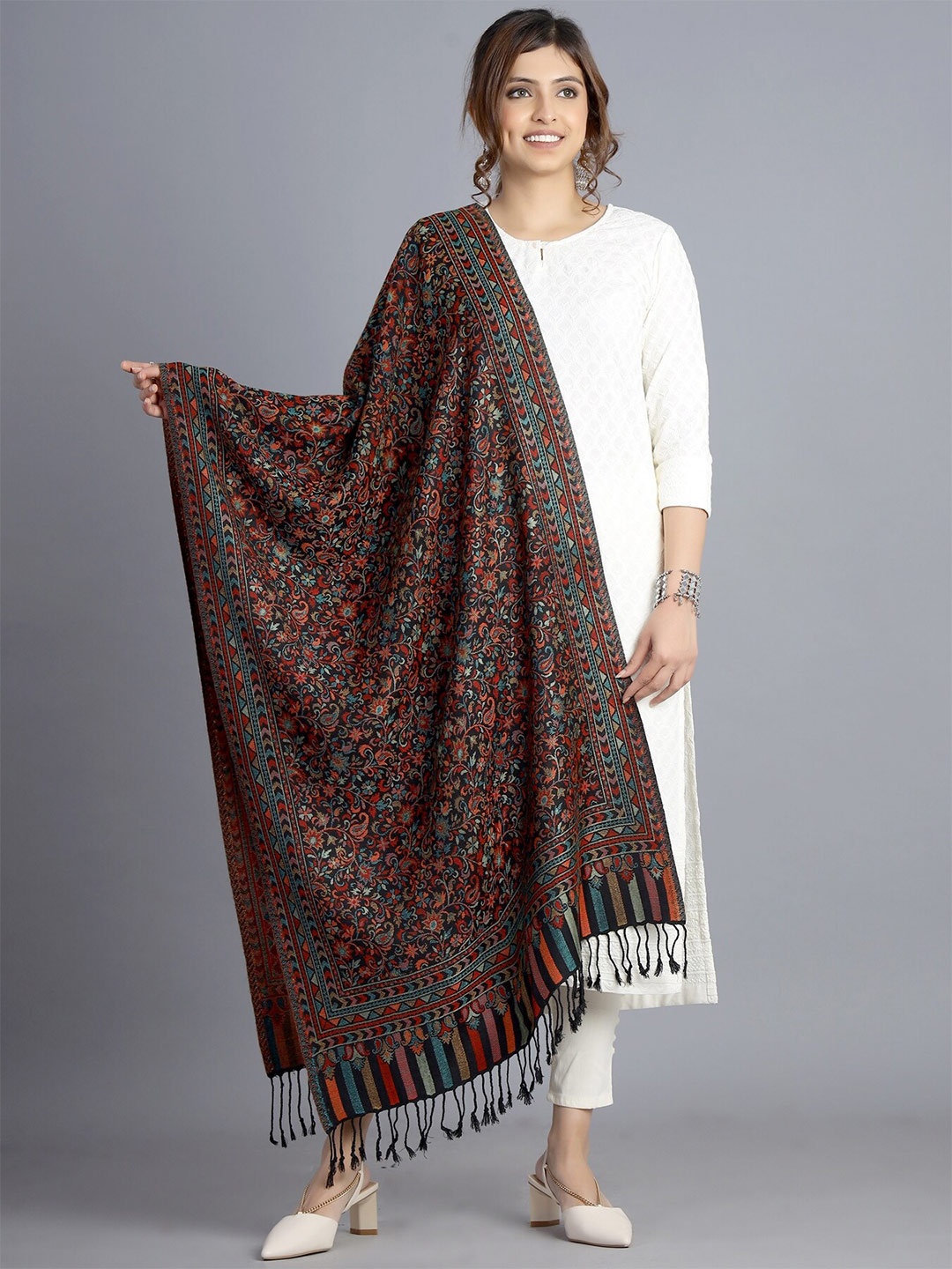 

HANDICRAFT PALACE Women Black & Red Woven Design Wool Stole