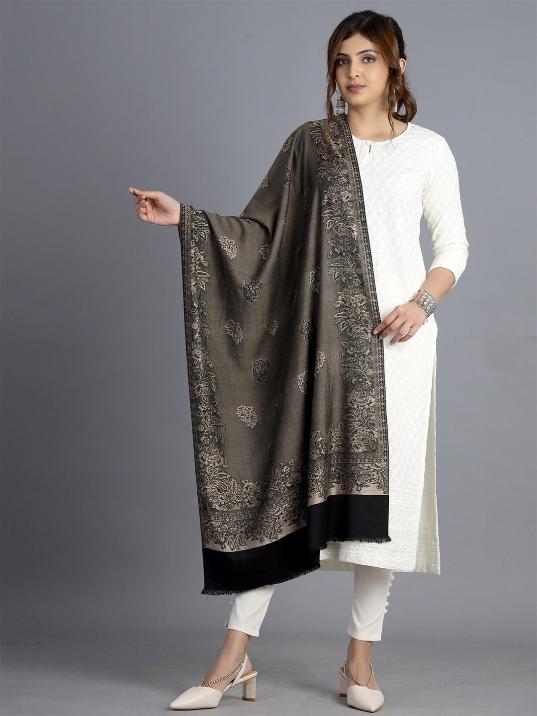 

HANDICRAFT PALACE Women Charcoal & Beige Woven Design Wool Stole