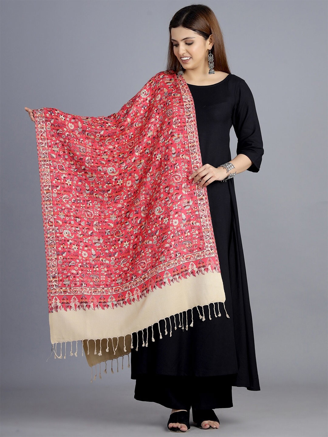 

HANDICRAFT PALACE Women Pink & Beige Paisley Woven Design Wool Stole